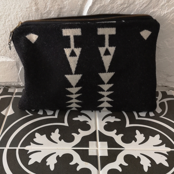 SEAECHO Top Zip Pouch Bag- Black Wool With Aztec Pattern - 12"w x 8.5 h - Picture 2 of 4